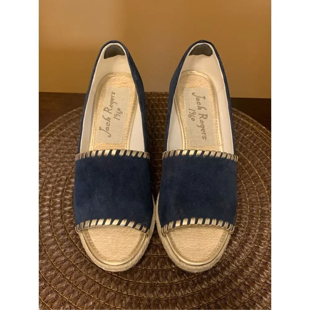 Jack Rogers Palmer Espadrille Shoes Wedge Heel Midnight Blue Suede Sz 7